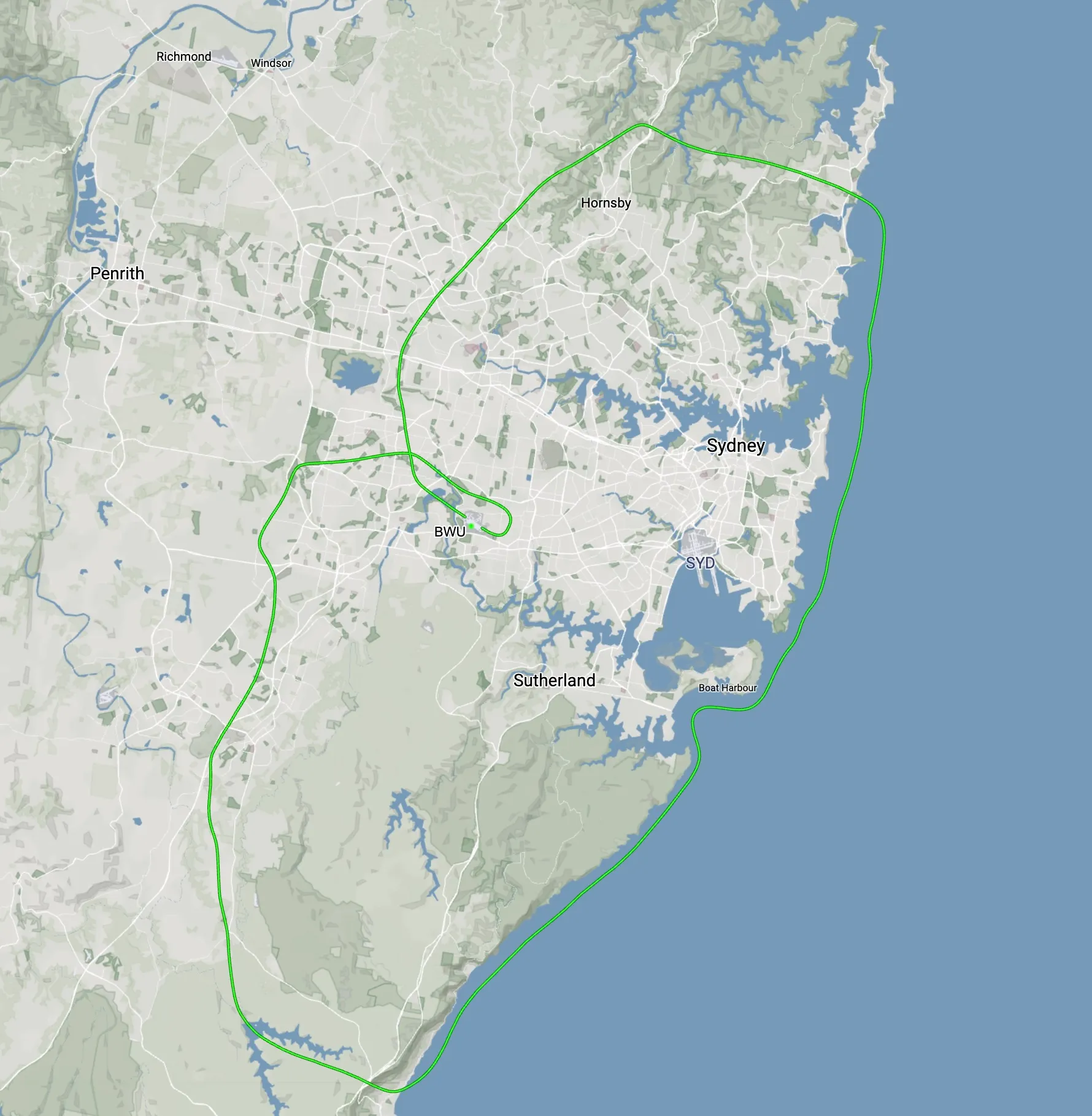 Route of a scenic flight up the coast from Wollongong to the Northern Beaches.