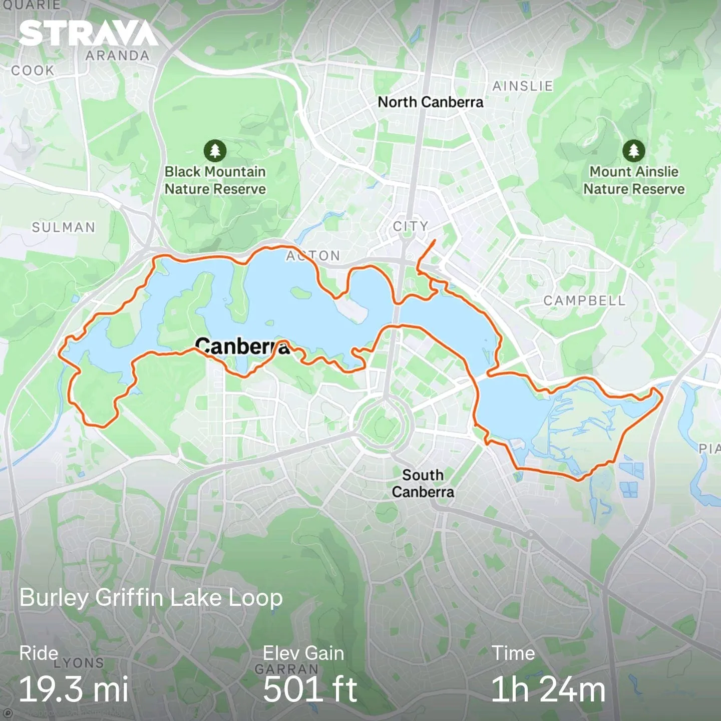 Strava map of my route around Lake Burley Griffin.